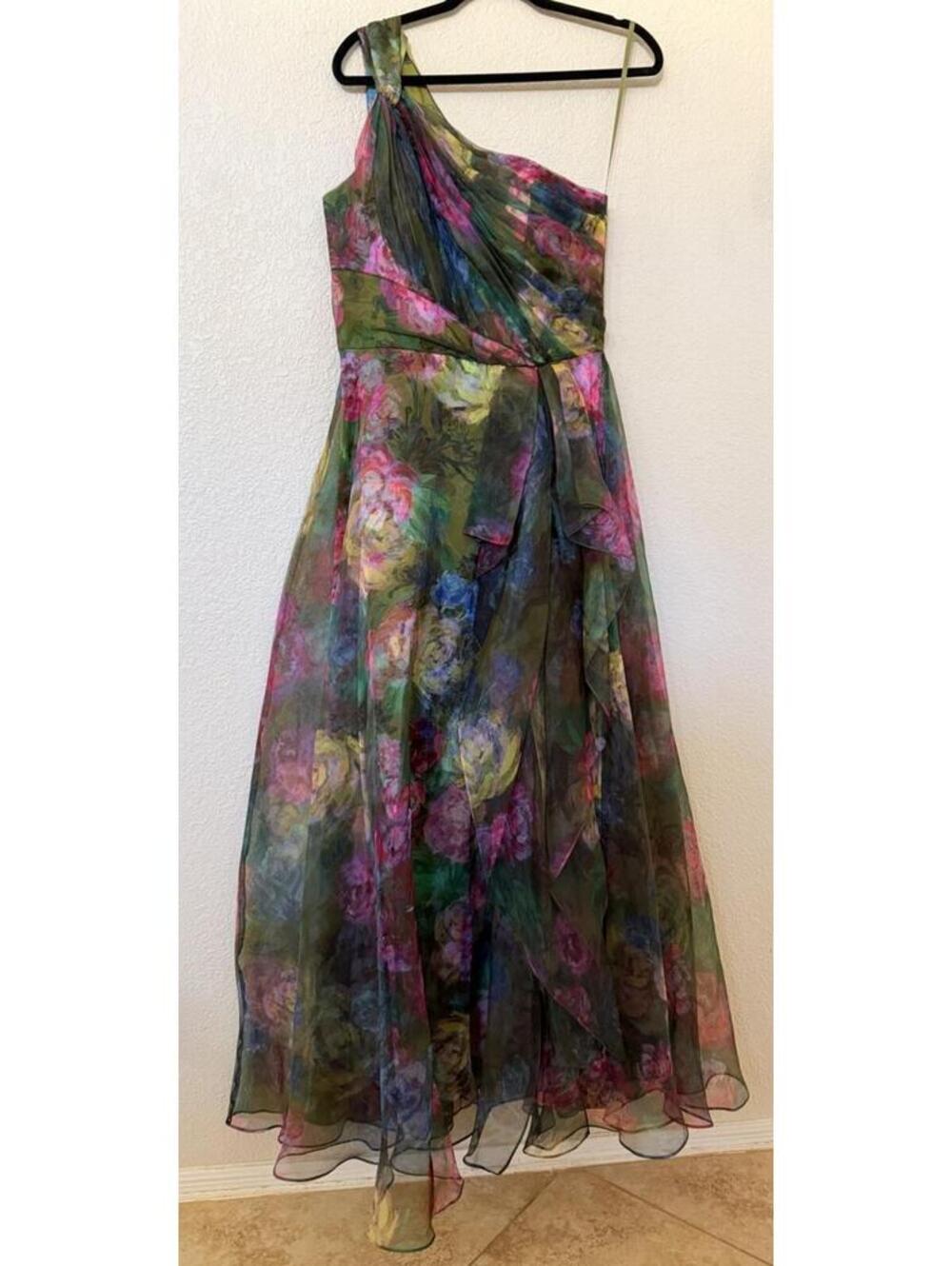 New Xscape Evenings One-Shoulder Floral Organza Gown In Green/ Multi Sz 8 $298 - Picture 5 of 13